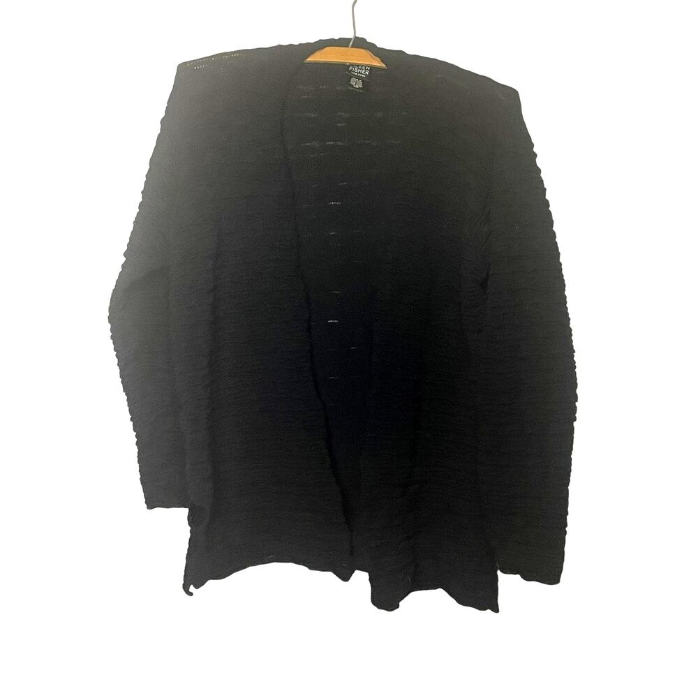 Eileen Fisher Wavy Knit Open Long Sleeve Black Cardigan Sweater PM Basic Staple